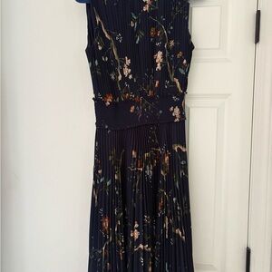 Nanette Lepore Navy and Floral Pleated Higher Neck Dress